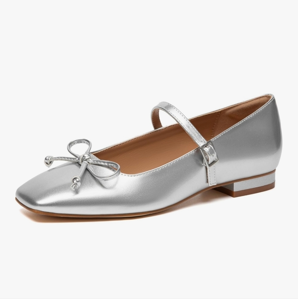Metallic Silver Mary Jane Flat with Decorative Bow